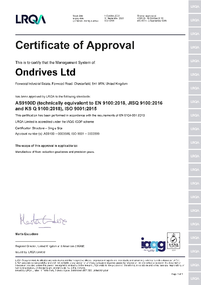 Ondrives AS9100D Quality Certificate
